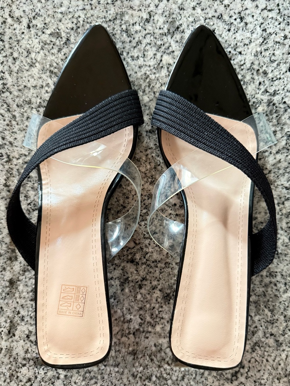 SHEIN Black Patent Pointed Open-Toe Mule with Clear Strap
